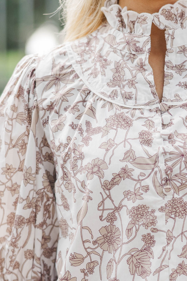 Keep It Up Cream Toile Ruffled Blouse