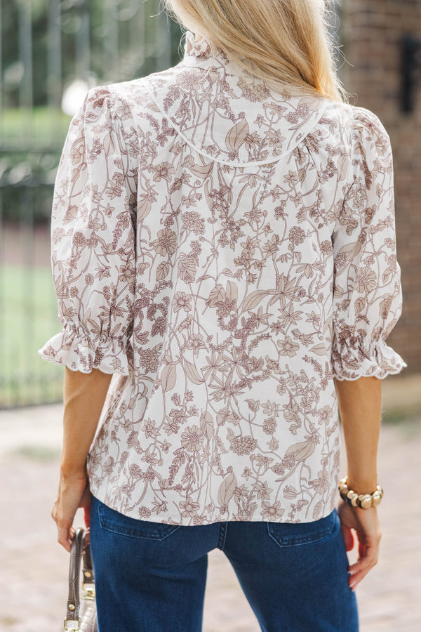 Keep It Up Cream Toile Ruffled Blouse