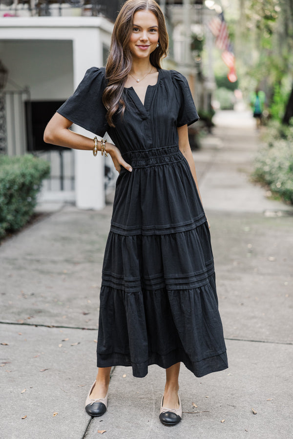 It's In The Air Black Tiered Midi Dress