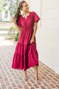 It's In The Air Burgundy Red Tiered Midi Dress