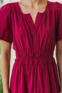 It's In The Air Burgundy Red Tiered Midi Dress