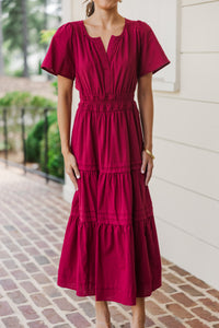 It's In The Air Burgundy Red Tiered Midi Dress