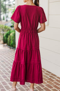 It's In The Air Burgundy Red Tiered Midi Dress