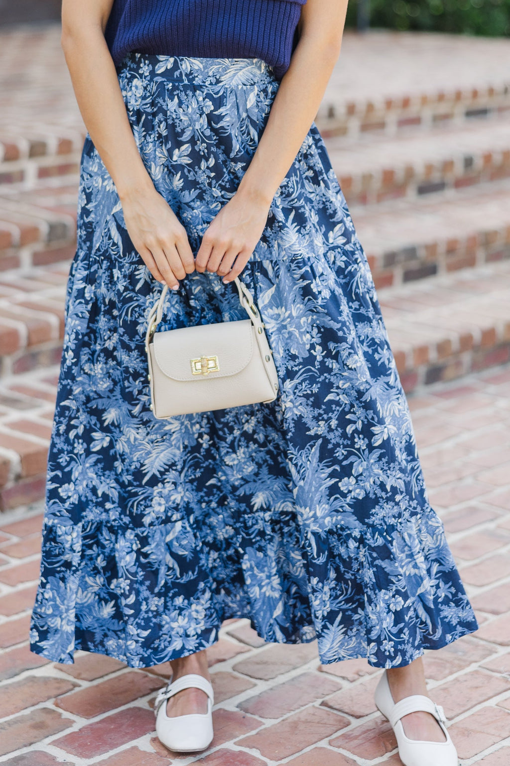 blue full skirt dress How I Feel Navy Blue Floral Maxi Skirt – Shop the Mint