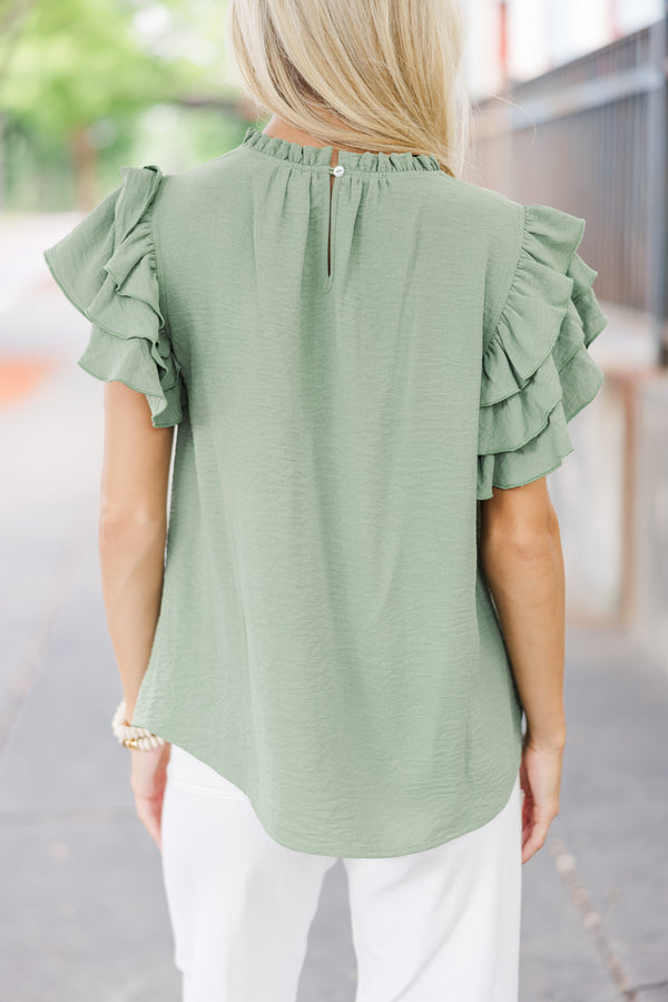 See You Out Light Olive Green Ruffled Blouse