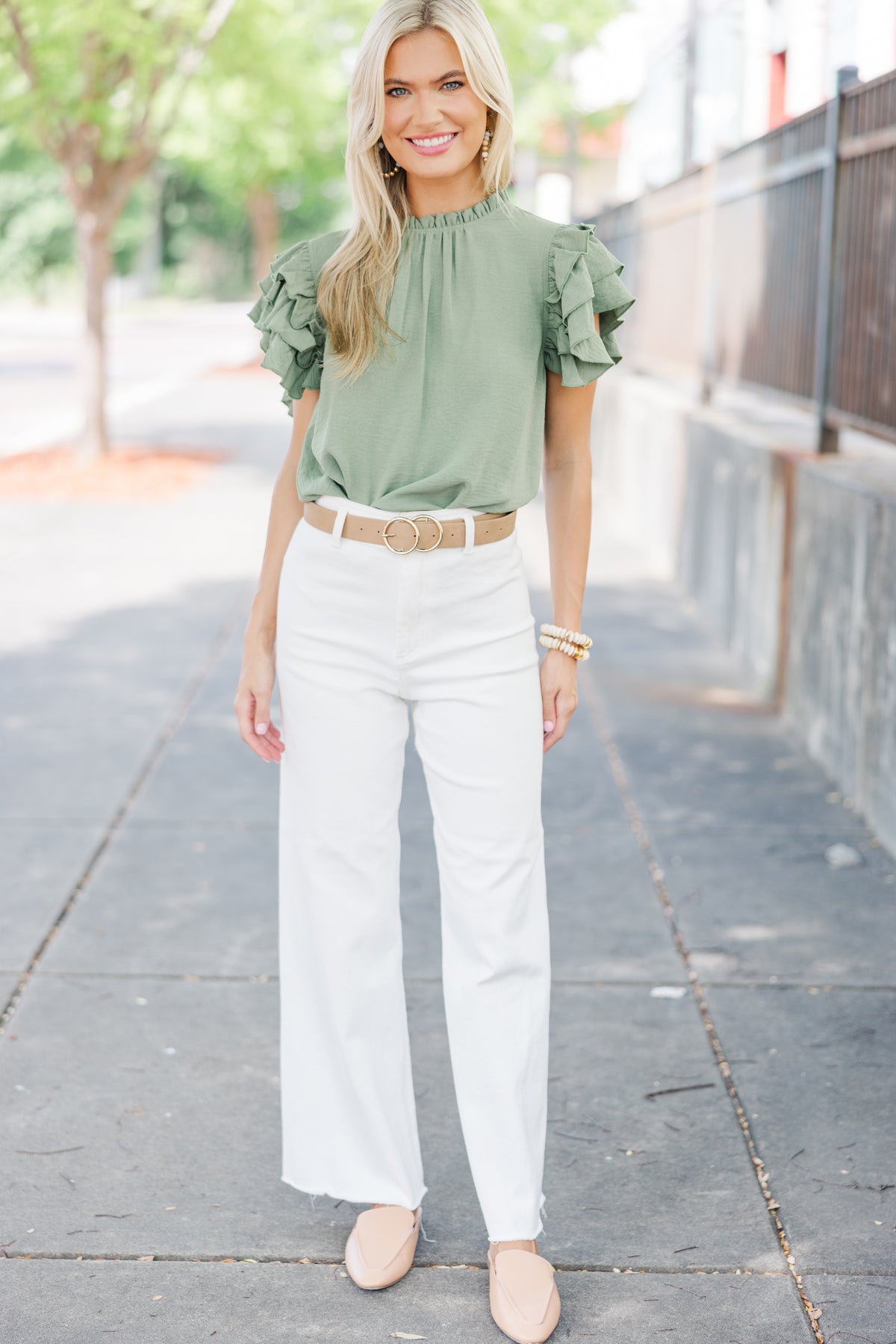 LONG SLEEVE WOVEN PRINT BLOUSE - OLIVE GREEN main image 1