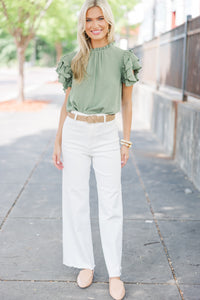 See You Out Light Olive Green Ruffled Blouse