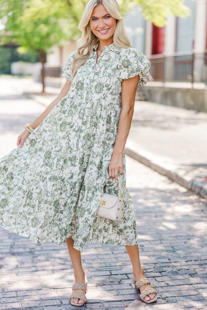 Perfect For You Olive Green Toile Button Down Midi Dress – Shop the Mint