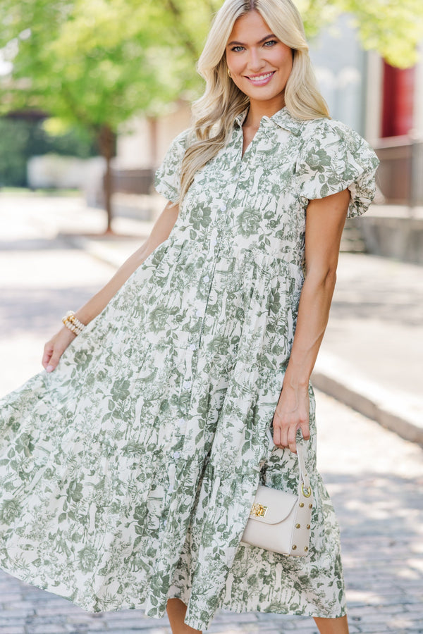 Perfect For You Olive Green Toile Button Down Midi Dress – Shop the Mint