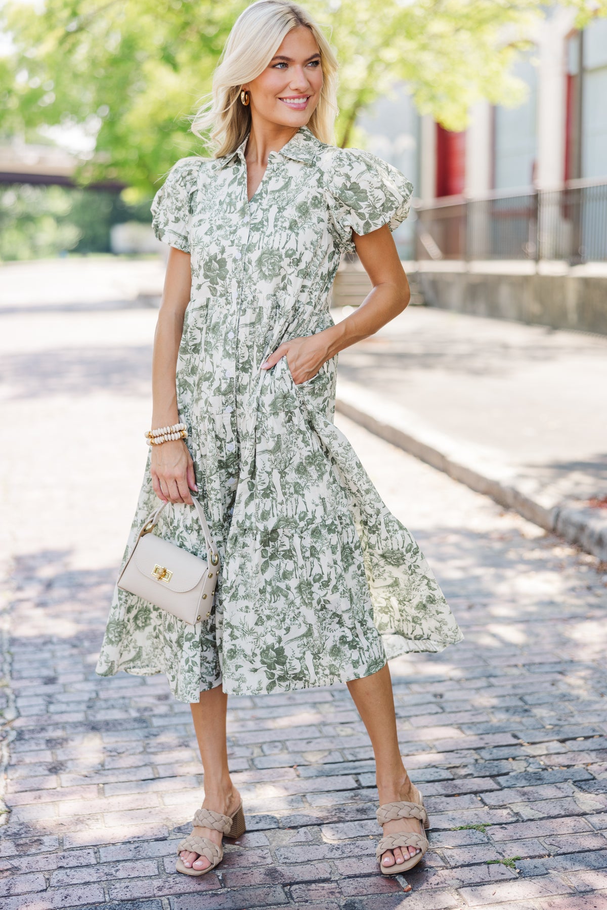 Perfect For You Olive Green Toile Button Down Midi Dress Shop the Mint Perfect For You Olive Green Toile Button Down Midi Dress Shop the Mint