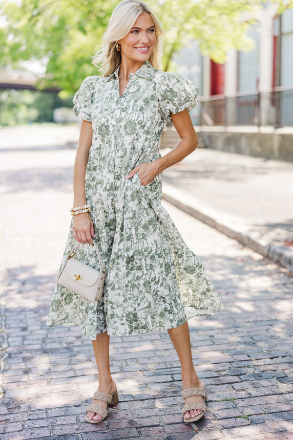 Perfect For You Olive Green Toile Button Down Midi Dress Shop the Mint Perfect For You Olive Green Toile Button Down Midi Dress Shop the Mint