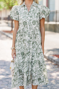 Perfect For You Olive Green Toile Button Down Midi Dress