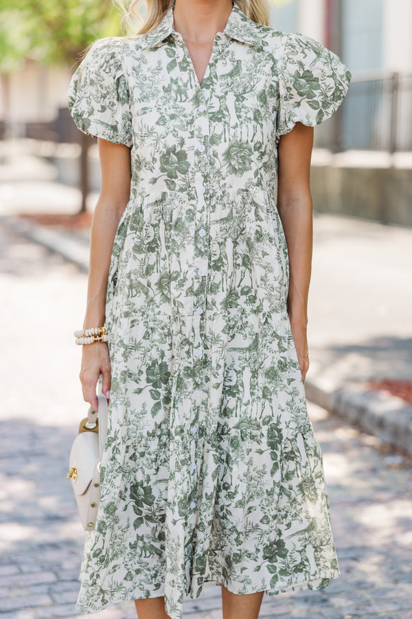 olive green pattern dress Olive Green Floral Print Maxi Dress - Shirt Dresses