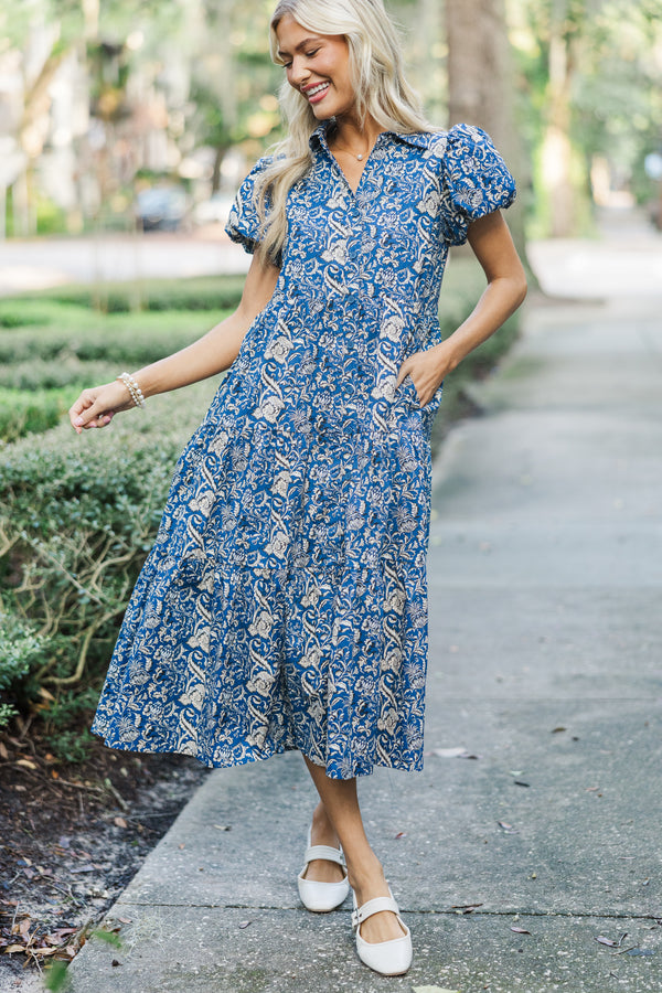 Perfect For You Navy Paisley Button Down Midi Dress