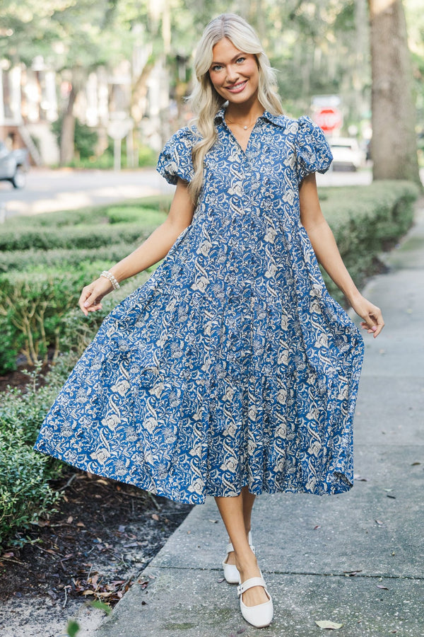 Perfect For You Navy Paisley Button Down Midi Dress