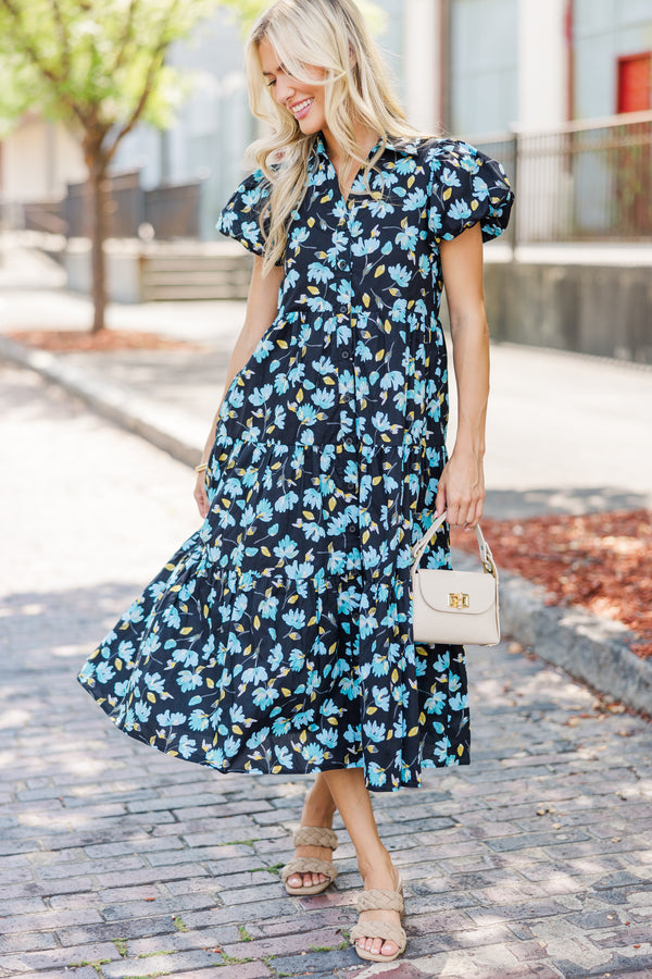 Perfect For You Black Floral Button Down Midi Dress