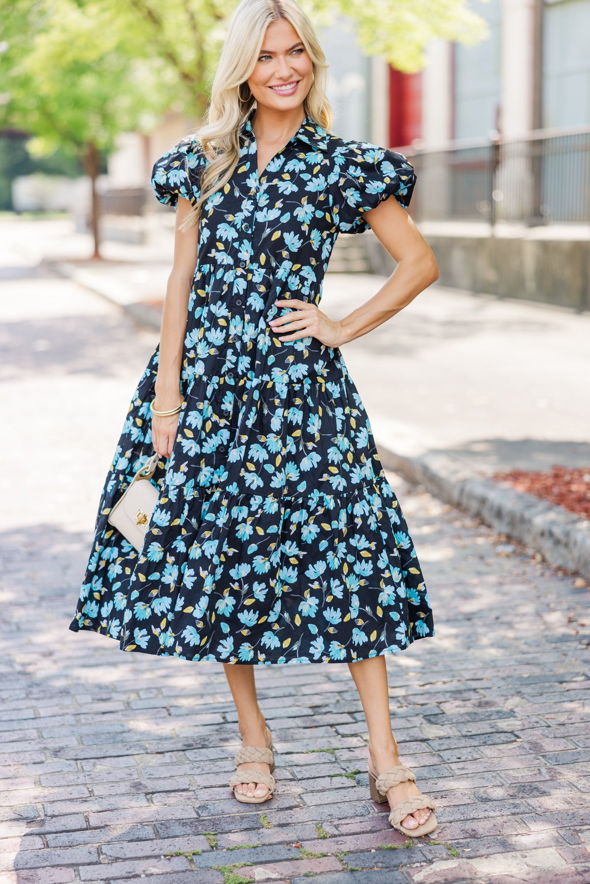 Perfect For You Black Floral Button Down Midi Dress, Large - The Mint Julep Boutique