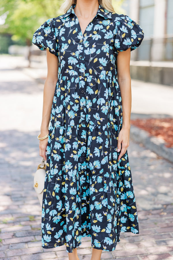 Perfect For You Black Floral Button Down Midi Dress