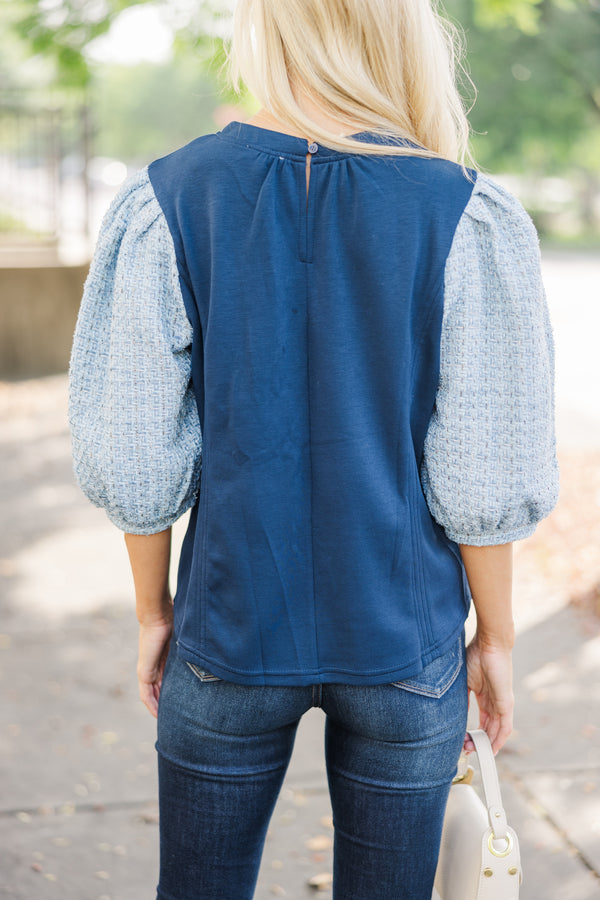 Know It All Navy Blue Tweed Blouse