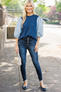 Know It All Navy Blue Tweed Blouse