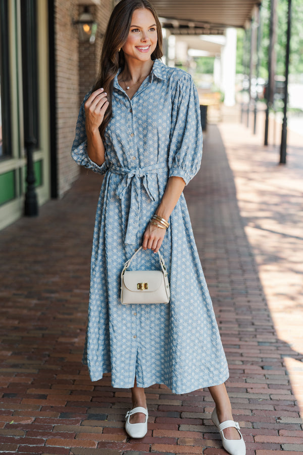 On The Move Light Blue Eyelet Denim Midi Dress