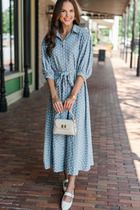 On The Move Light Blue Eyelet Denim Midi Dress