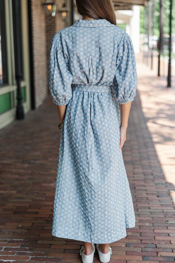 On The Move Light Blue Eyelet Denim Midi Dress