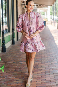 Free To Be Mauve Pink Floral Brocade Babydoll Dress