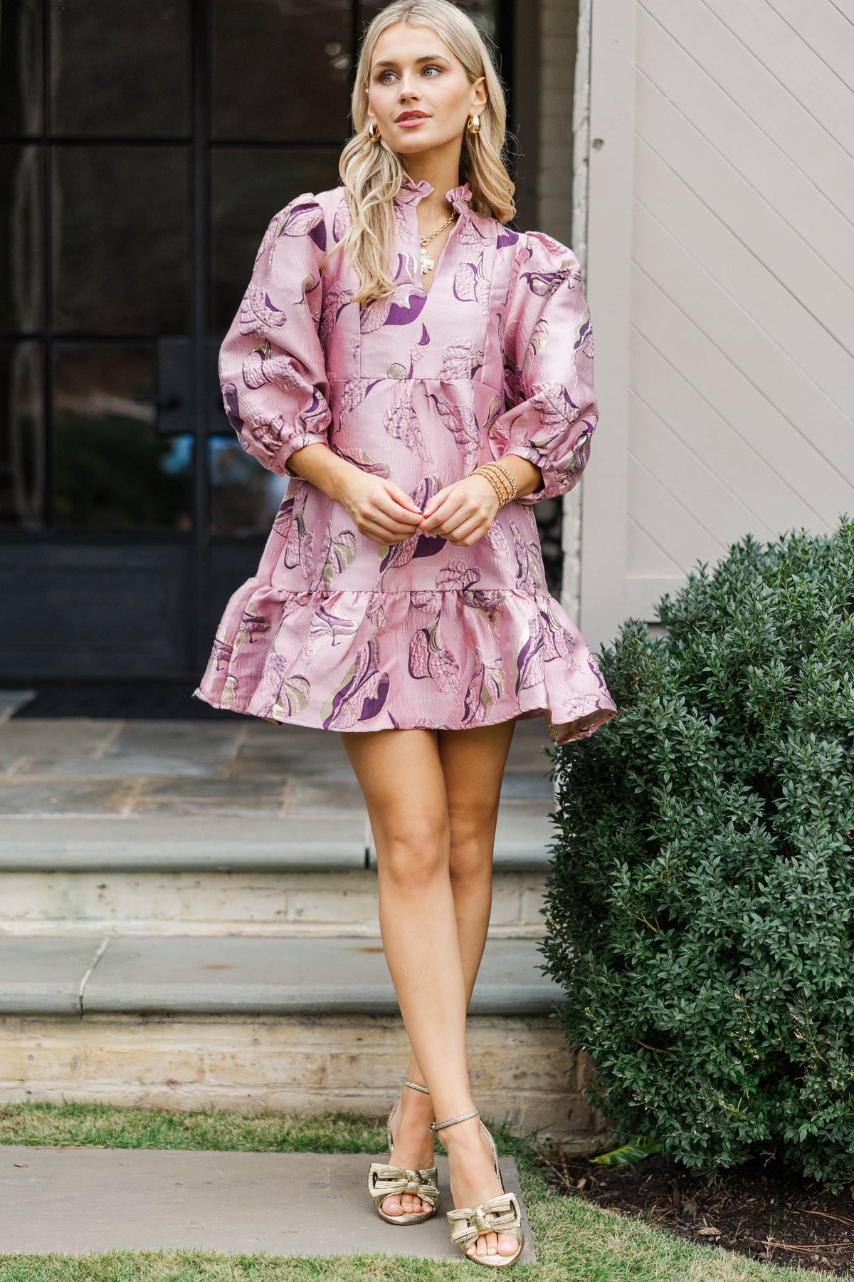 Free To Be Mauve Pink Floral Brocade Babydoll Dress, X-Small - The Mint Julep Boutique