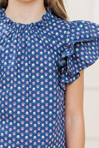 Girls: On My Heart Blue Ditsy Floral Blouse