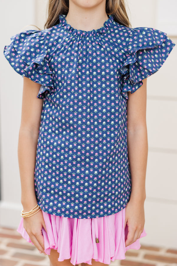 Girls: On My Heart Blue Ditsy Floral Blouse