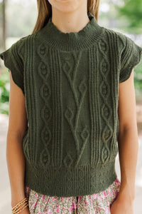 Girls: Get It Going Olive Green Cable Knit Sweater Top