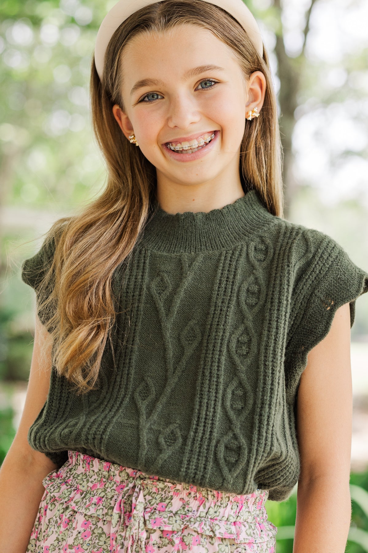 Girls Pink & Green Abstract Waves Knit Drop Shoulder Top