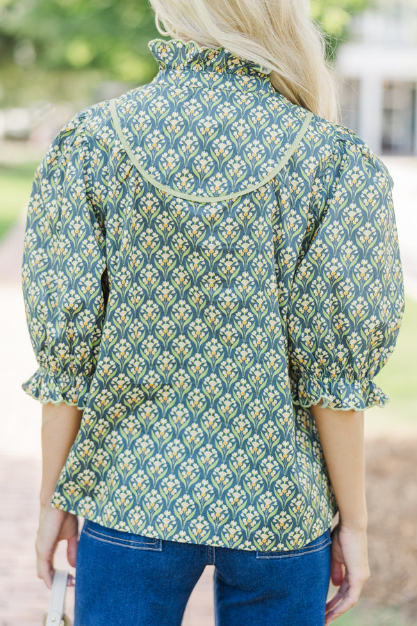 Keep It Up Navy Blue Medallion Ruffled Blouse