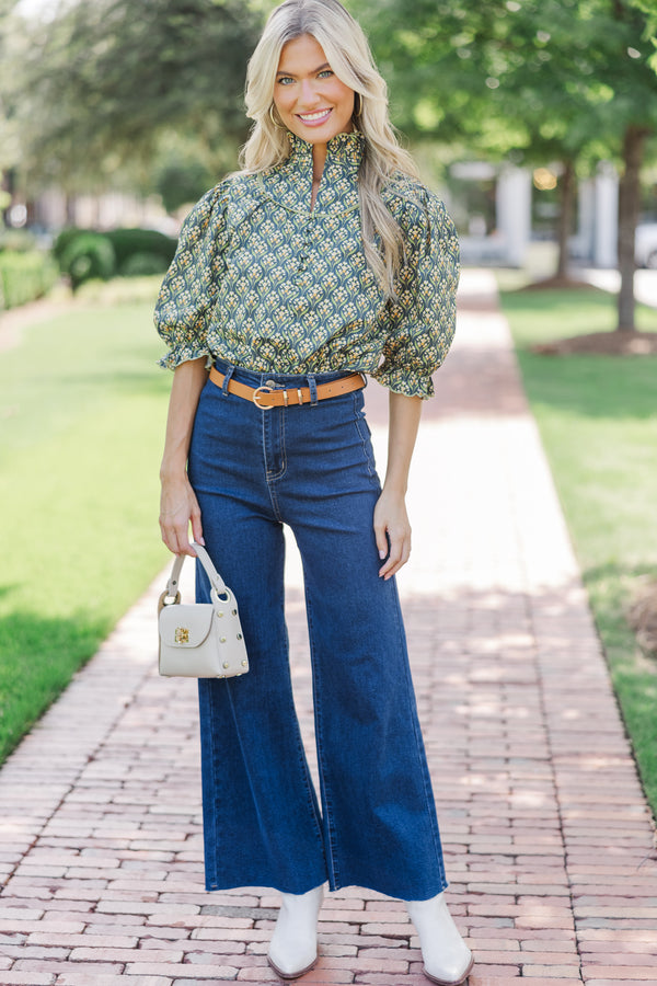 Keep It Up Navy Blue Medallion Ruffled Blouse