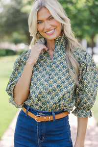 Keep It Up Navy Blue Medallion Ruffled Blouse