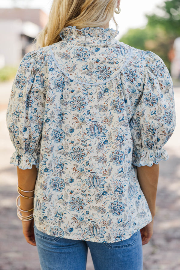 Keep It Up Cream Floral Ruffled Blouse