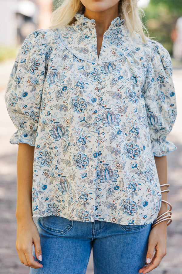 Keep It Up Cream Floral Ruffled Blouse