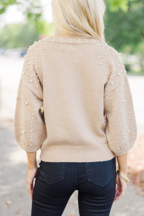 You Deserve It Oatmeal Brown Embellished Sweater