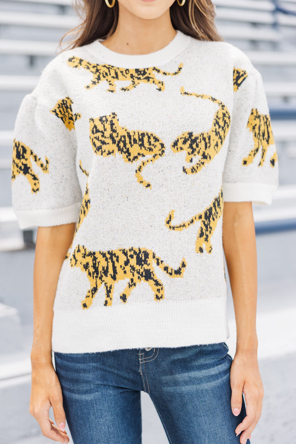 On The Prowl Ivory White Tiger S/S Sweater