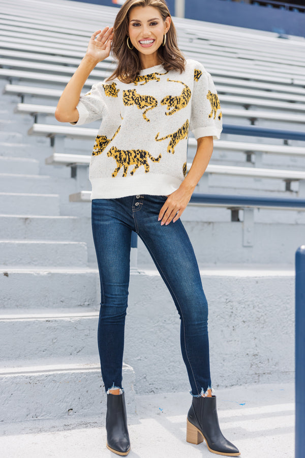 On The Prowl Ivory White Tiger S/S Sweater