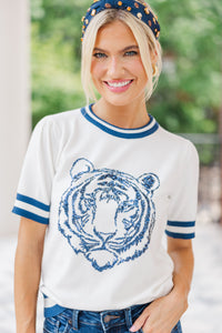 Stay In Character White/Navy Tiger Sweater