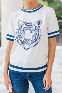 Stay In Character White/Navy Tiger Sweater