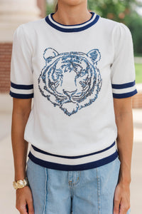 Stay In Character White/Navy Tiger Sweater