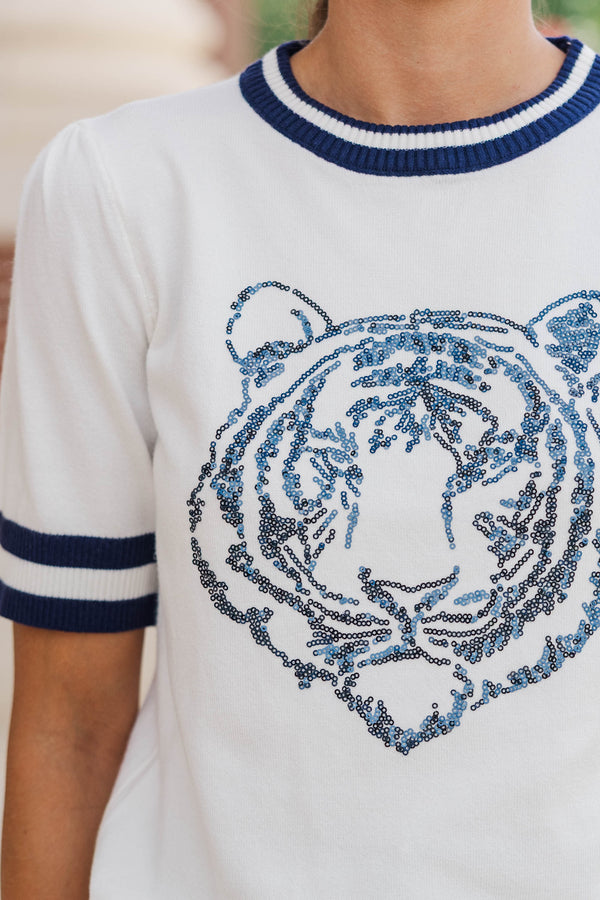 Stay In Character White/Navy Tiger Sweater