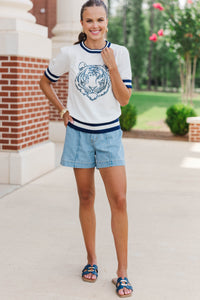 Stay In Character White/Navy Tiger Sweater