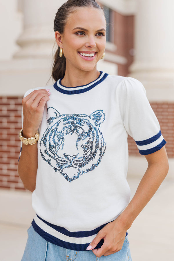 Stay In Character White/Navy Tiger Sweater