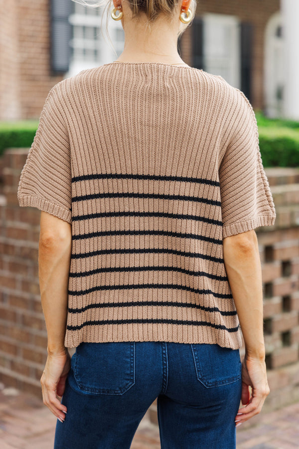 Ready For The Day Tan Brown Striped Sweater