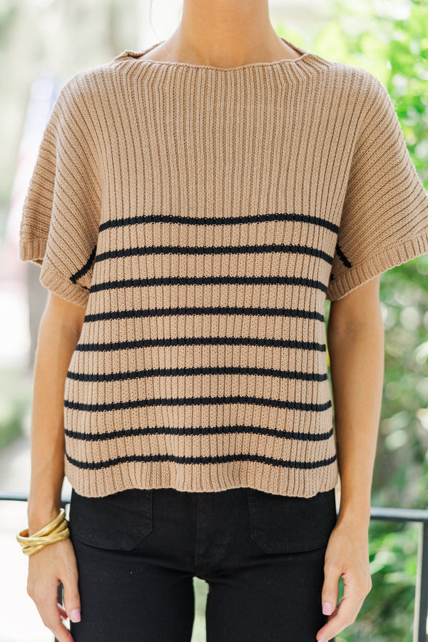 Ready For The Day Tan Brown Striped Sweater