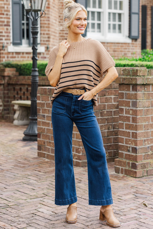 Ready For The Day Tan Brown Striped Sweater